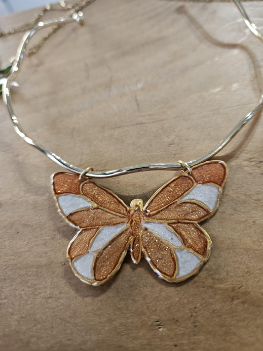 Collier Vitrail - Papillon Orange & Nacré