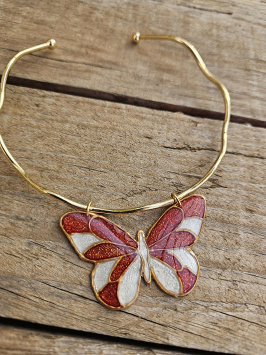 Collier Vitrail - Papillon Rouge & Nacré