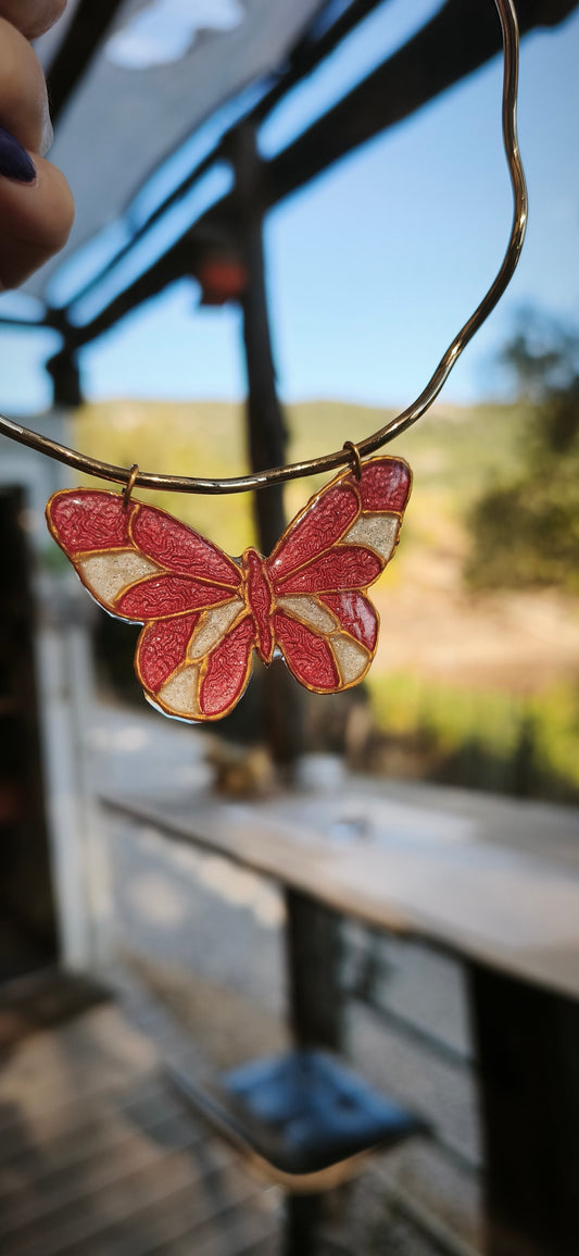 Collier Vitrail - Papillon Rose & Nacré