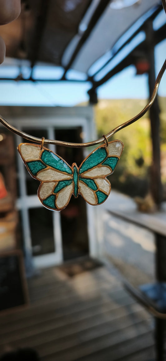 Collier Vitrail - Papillon Turquoise & Nacré 3